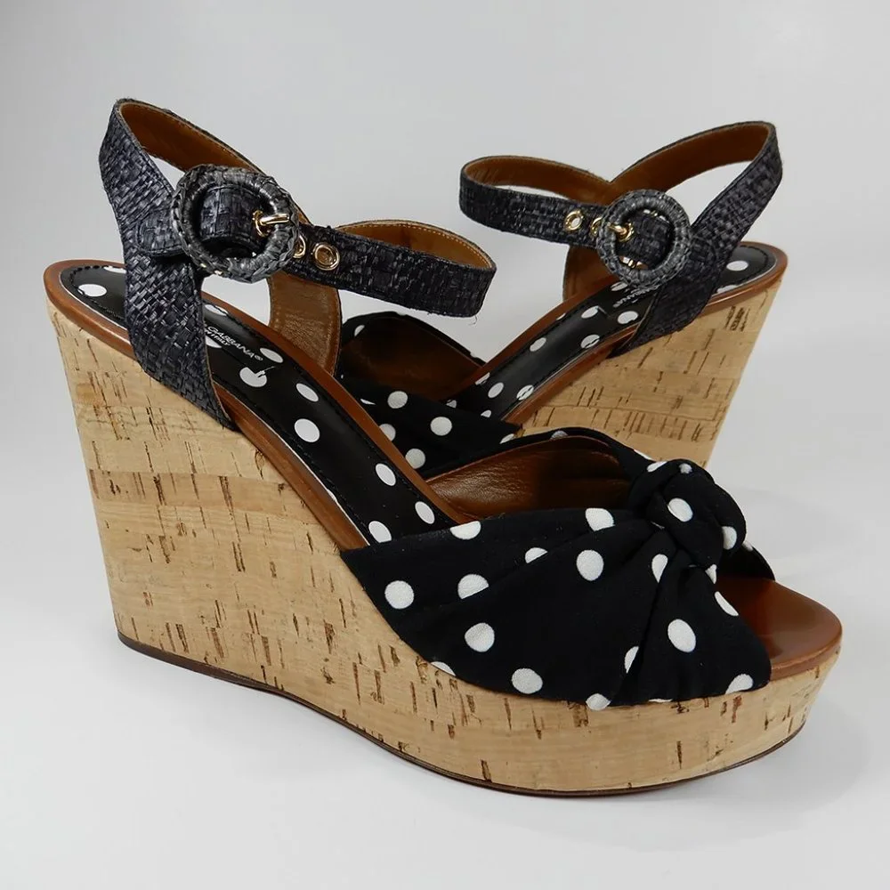 DOLCE & GABBANA Polka Dot Knot Cork Wedge Platform SANDALS Size 41 10.5 11 NEW - Picture 11 of 14